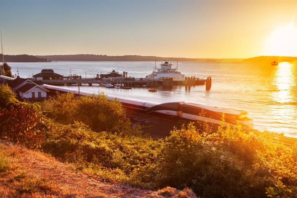 Steilacoom ferry dock on Puget Sound at sunset