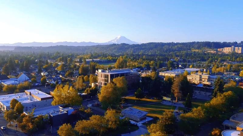 Aerial view of Puyallup City Hall and Pioneer Park with Mount Rainier