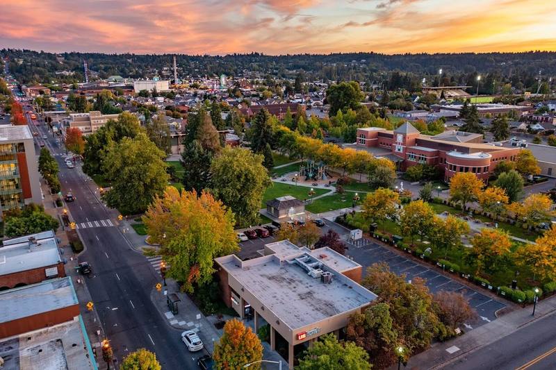 Aerial view of downtown Puyallup at sunset