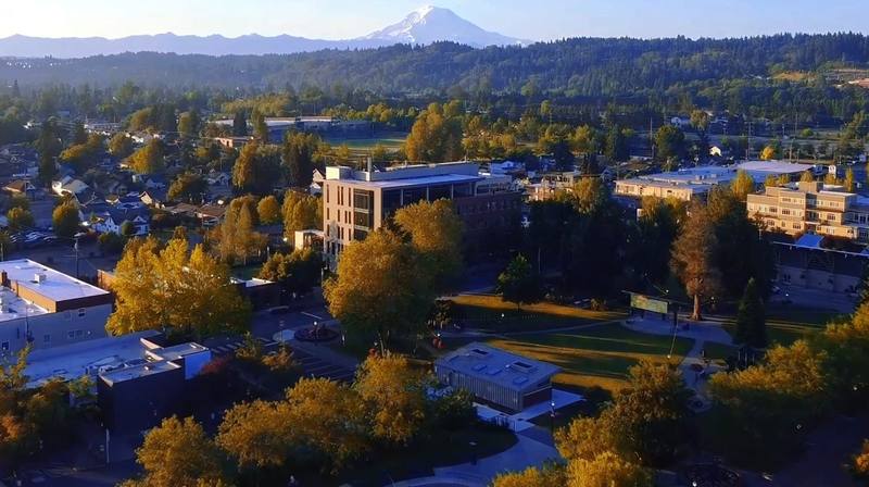 Aerial view of Pioneer Park and City Hall in Puyallup in autumn